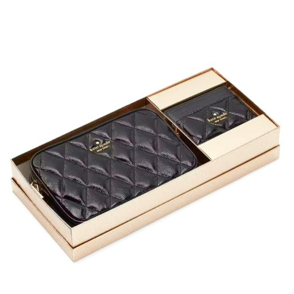 BNWT - Glimmer Quilted Patent Leather Boxed Crossbody Set - Kate Spade - Black